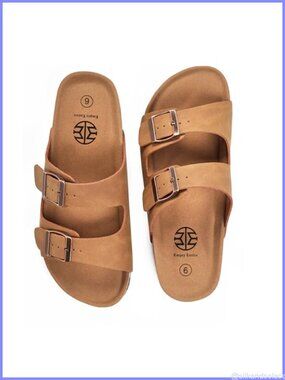 Faux Leather Slide Sandals Adjustable Buckle Arch Support Cork Sole
